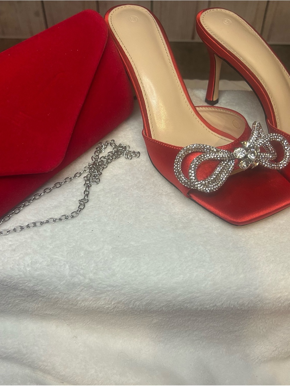 Red Satin High Heel Slide with Crystal Bow Embellishment and matching clutch set